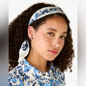 Kate Spade “Peacock” blue white floral silk thin headband neck tie bag wrap